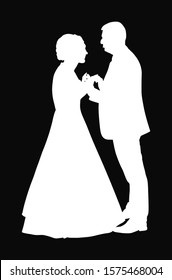 Groom and bride wedding day, in dress and suit vector silhouette. Wedding couple. Happy bride and groom on ceremony. Just married couple in love. Elegant people dancing waltz on party celebration.