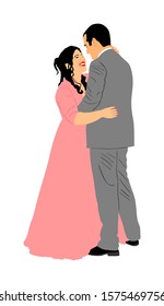 Groom and bride wedding day in dress and suit vector illustration. Wedding couple. Happy bride and groom on ceremony. Just married couple in love kissing. Elegant people dancing waltz on party.