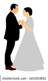 Groom and bride wedding day, in dress and suit vector illustration. Wedding couple. Happy bride and groom on ceremony. Just married couple in love. Elegant people dancing waltz on party celebration.