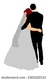 Groom and bride wedding day, in dress and suit vector illustration. Wedding couple. Happy bride and groom on ceremony. Just married couple in love. Elegant people photo posing on party celebration.