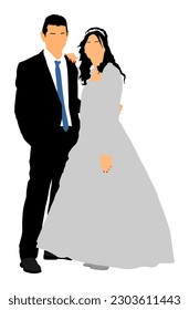 Groom and bride wedding day, in dress and suit vector illustration. Wedding couple. Happy bride and groom on ceremony. Just married couple in love. Elegant people photo posing on party celebration.