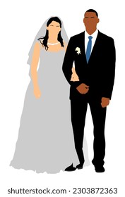 Groom and bride wedding day, in dress and suit vector illustration. Wedding couple. Happy bride and groom on ceremony. Just married couple in love. Elegant people photo posing on party celebration.