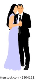 Groom and bride wedding day, in dress and suit vector illustration. Wedding couple. Happy bride and groom on ceremony. Just married couple in love. Elegant people dancing waltz on party celebration.