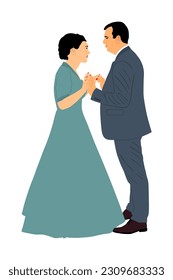 Groom and bride wedding day in dress and suit vector illustration isolated. Wedding couple. Just married man and woman holding hands. Female and male celebration ceremony fun. Traditional engagement.