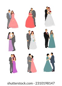 Groom and bride wedding day in dress and suit vector illustration isolated. Wedding couple. Just married man and woman holding hands. Female and male celebration ceremony fun. Traditional engagement.