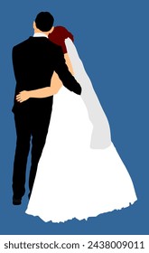 Groom and bride wedding day, in dress and suit vector illustration isolated. Young wedding couple hug. Happy bride and groom hugging on wedding ceremony. Just married couple in love.