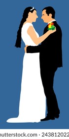 Groom and bride wedding day in dress and suit vector illustration. Wedding couple dance. Happy bride and groom ceremony. Just married couple in love kissing. Elegant people dancing waltz on party.