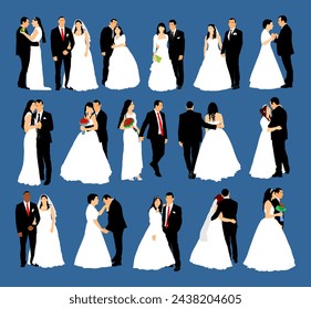 Groom and bride wedding day in dress and suit vector illustration isolated. Wedding couple. Just married man and woman holding hands. Female and male celebration ceremony fun. Traditional engagement.