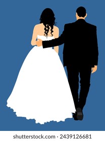 Groom and bride wedding day, in dress and suit vector illustration isolated. Young wedding couple hug. Happy bride and groom hugging on wedding ceremony. Just married couple in love.