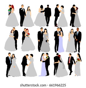 Groom and bride wedding day in dress and suit vector illustration isolated. Wedding couple. Just married man and woman holding hands. Female and male celebration ceremony fun. Traditional engagement.