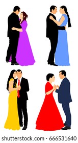 Groom and bride wedding day in dress and suit vector illustration isolated. Wedding couple. Just married man and woman holding hands. Classic dancer couple. Elegant lady and gentleman dancing event.