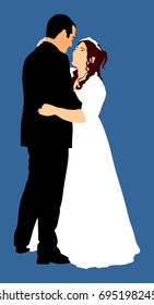 Groom and bride wedding day, in dress and suit vector illustration. Young wedding couple in love. Dancing at the wedding. Happy family in love. Just married.