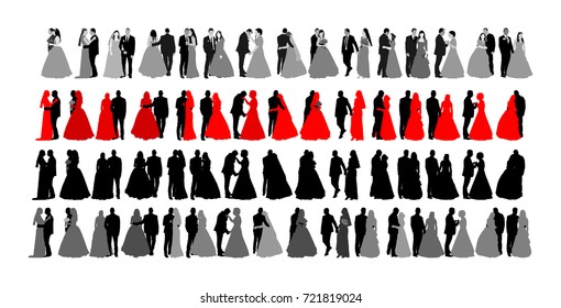 Groom and bride wedding day, in dress and suit vector silhouette illustration. Young wedding couple. Just married man and woman holding hands.