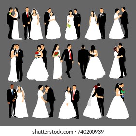 Groom and bride wedding day, in dress and suit vector illustration. Young wedding couple. Married man and woman holding hands. Just married.