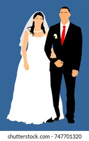 Groom and bride wedding day, in dress and suit vector illustration. Young wedding couple. Happy bride and groom after wedding ceremony. Couple in love. Just married. 