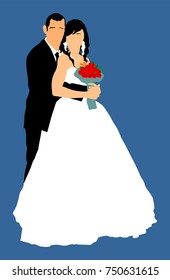 Groom and bride wedding day, in dress and suit vector illustration. Young wedding couple. Happy bride and groom after wedding ceremony. Couple in love. Just married.