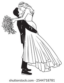 Noiva Noiva Desenho Contorno Linha Ilustração Preto E Branco