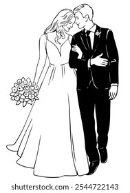 Groom Bride Wedding Drawing Contour Line Black And White Illustration