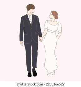 Madura y novia con vestido de novia sosteniéndose las manos, mirándose en los ojos. Pareja casada. Dibujo manual de caricaturas planas ilustraciones vectoriales.