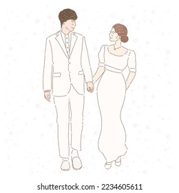 Madura y novia con vestido de novia sosteniéndose las manos, mirándose en los ojos. Pareja casada. Dibujo manual de caricaturas planas ilustraciones vectoriales.