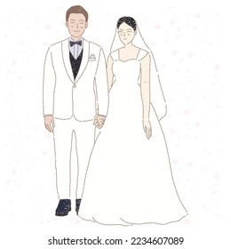 Groom and bride in wedding dress holing their hands. Married couple. Hand drawn flat cartoon character vector illustration in colored pencil texture.