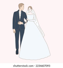 Groom and bride in wedding dress holing their hands. Married couple. Hand drawn flat cartoon character vector illustration.