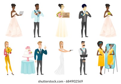 Groom, bride and wedding scenes set. Groom showing ring on a finger, bride holding money, pregnant woman looking in the mirror. Set of vector flat design illustrations isolated on white background.