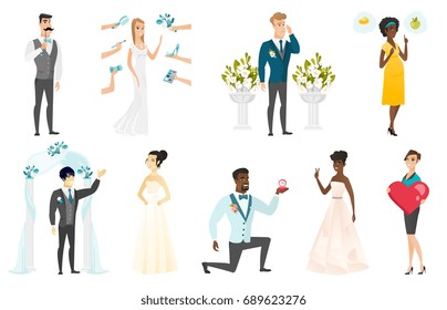 Groom, bride and wedding scenes set. Bride preparing before wedding, groom crying in front of altar, standing under wedding arch. Set of vector flat design illustrations isolated on white background.