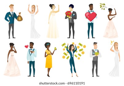Noivo, noiva e casamento cenas definido. Noivo segurando saco de dinheiro, segurando a mão em seu peito, noiva dando o polegar para cima, jogando buquê. Conjunto de ilustrações de design plano vetorial isoladas sobre fundo branco