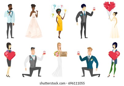 Groom, bride and wedding scenes set. Groom kneeling making a marriage proposal, bride showing a plate with text just married. Set of vector flat design illustrations isolated on white background.