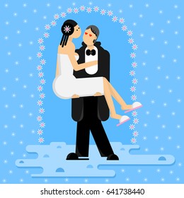 The groom carries the bride. Flat design style. Vector illustration.