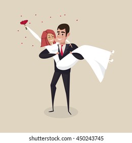 The groom carries the bride with wedding bouquet. Vector illustration