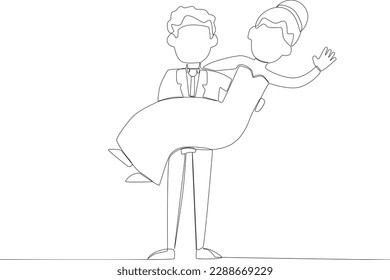 A groom carrying a bride during a wedding. Wedding one-line drawing