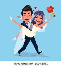 Groom carrying bride holding her in his arms. love and wedding concept. character design - vector illustration