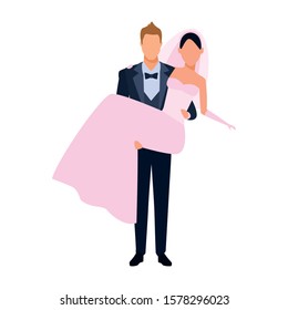 groom carrying bride icon over white background, vector illustration