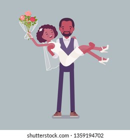 Groom carrying bride on wedding ceremony. African american man, woman in beautiful white dress on traditional celebration, married couple in love. Marriage customs and traditions. Vector illustration