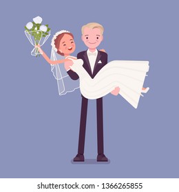 Groom carrying bride on wedding ceremony. Elegant man, woman in a beautiful white dress on traditional celebration, happy married couple in love. Marriage customs and traditions. Vector illustration