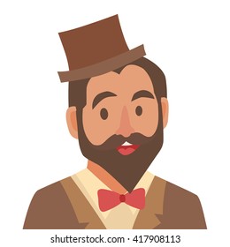 Groom cartoon icon.  Bearded man in hat and bow tie. Man illustration, hipster character. Face people icon cartoon style. Young people head flat icons. Isolated avatar on white background