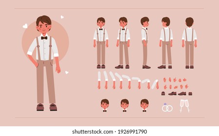 Groom Character Constructor for Animation. Front, Side and Back View. Cute Boy wearing Wedding Costume in Different Postures. Body Parts Collection. Flat Cartoon Vector Illustration.