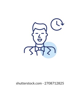 Novio y reloj. Cuenta regresiva de Boda, calendario de eventos matrimoniales. Icono de Vector de trazo perfecto y editable