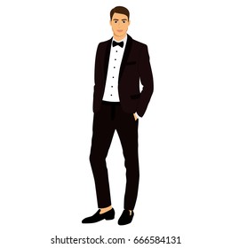 The groom. Clothing. Wedding men's suit, tuxedo. Vector illustration.