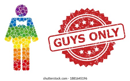 Groom collage icon of circle blots in different sizes and rainbow colored color tones, and Guys Only scratched rosette stamp seal. A dotted LGBT-colored Groom for lesbians, gays, transgenders,