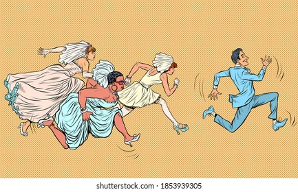 the groom comically runs away from several brides. Polygyny. Pop art retro illustration kitsch vintage 50s 60s style