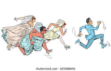 the groom comically runs away from several brides. Polygyny. Pop art retro illustration kitsch vintage 50s 60s style