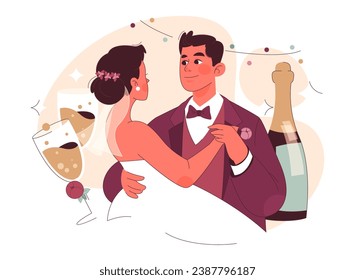 Groom concept. A dapper groom gazes into his bride's eyes amid champagne bubbles, capturing the magic of their wedding toast. Intimate moment. Bubbly celebration. Flat vector illustration.