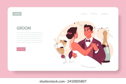 Groom concept. A dapper groom gazes into his bride's eyes amid champagne bubbles, capturing the magic of their wedding toast. Intimate moment. Bubbly celebration. Flat vector illustration.