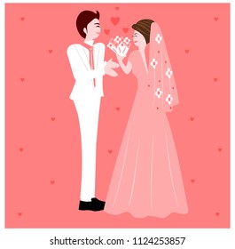 
The groom delivers the flowers to the bride and smiles happily, the vector image