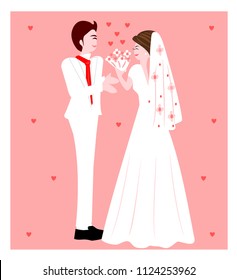 
The groom delivers the flowers to the bride and smiles happily, the vector image