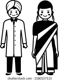 groom dressed in Sherwani and stunning bride in saris vector icon design, World Indigenous Peoples symbol, characters in casual clothes Sign, Indian couple standing together Concept