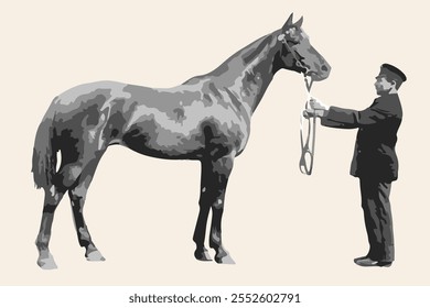 A groom from the early 20th century holds a beautiful large horse by the bridle.